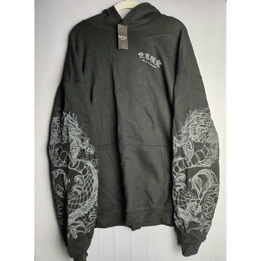 boohooMAN Tall Oversized Dragon Graphic Puff Print Hoodie Black 2XL CMM23601-105